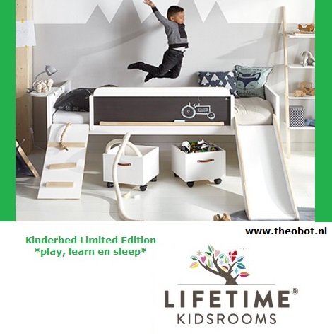 Lifetime actie kinderbed,LIMITED EDITION bed, Play, Learn , Sleep,glijbaan,trap,touw,schoolbord,dealer theo bot